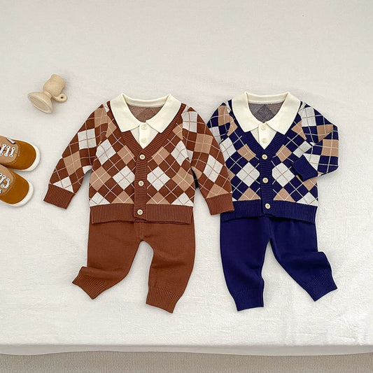 Arrival Autumn Baby Unisex Long Sleeves Argyle Pattern Knitted Top Cardigan and Long Solid Color Trousers Clothing Set, MyKids-USA®, Baby & Toddler Outfits, MyKids-USA -  -  -  -  -  -  - 