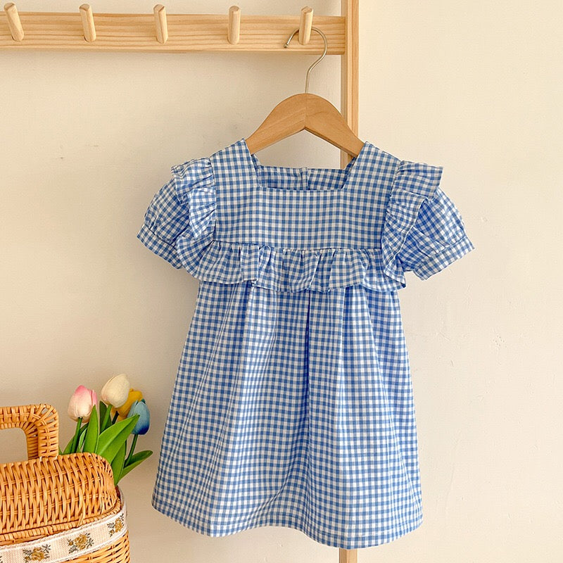 Baby Plaid Pattern Square Neck Puff Sleeves Onesies & Dress