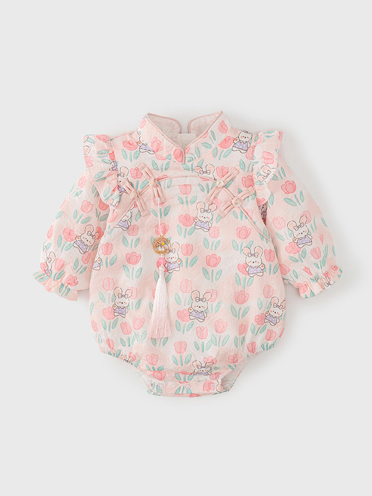 Autumn Arrival Baby Girls Flowers and Rabbits Pattern Long Sleeves Onesies with Stand Collar, MyKids-USA®, Baby One-Pieces, MyKids-USA -  -  -  -  -  -  - 