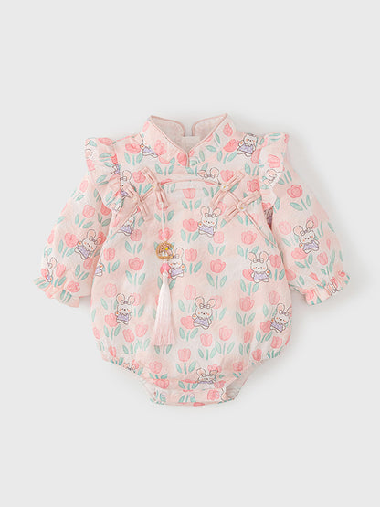 Autumn Arrival Baby Girls Flowers and Rabbits Pattern Long Sleeves Onesies with Stand Collar, MyKids-USA®, Baby One-Pieces, MyKids-USA -  -  -  -  -  -  - 