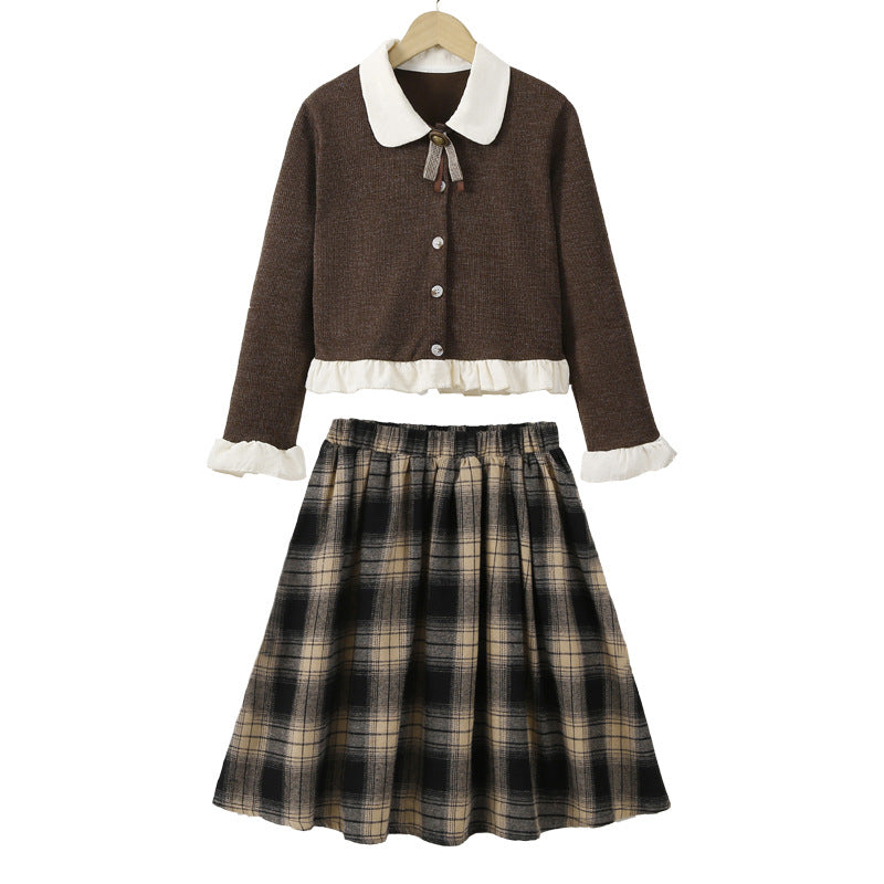 Arrival Autumn Kids Girls Long Sleeves Color Patchwork Cardigan and Plaid Skirt Clothing Set