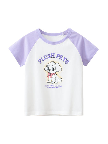 Adorable Cartoon Print Girls’ Patchwork T-Shirt For Summer