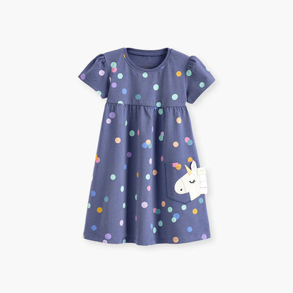 Spring And Summer Baby Girls Short Sleeves Polka Dots Dress With Unicorn Pocket