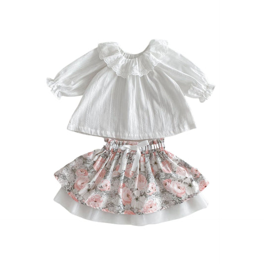 Spring Baby Kids Girls Plain Long Sleeves Base Shirt And Floral Skirt Clothing Set, MyKids-USA®, Baby & Toddler Dresses, MyKids-USA - Size/Age - 66 (3-6M) - Color - White -  -  - TR2403091716-A.