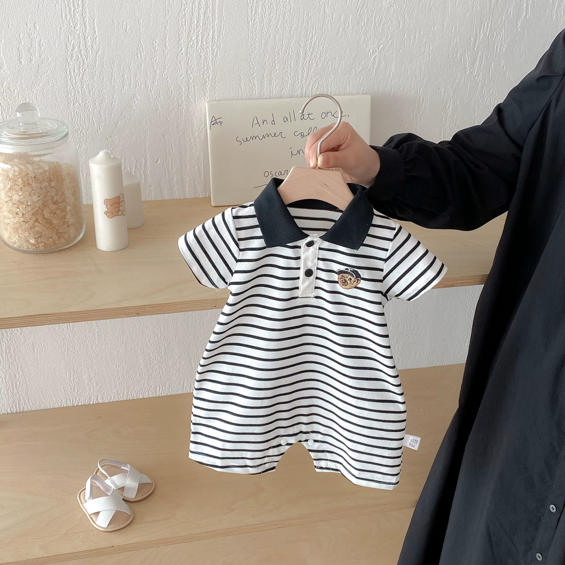 Summer Arrival Baby Boys Teddy Bear Pattern Short Sleeves Rompers with Turn-down Collar, MyKids-USA®, Baby One-Pieces, MyKids-USA - Size/Age - 66 (3-6M) - Color - Black -  -  - TR2506202015-A