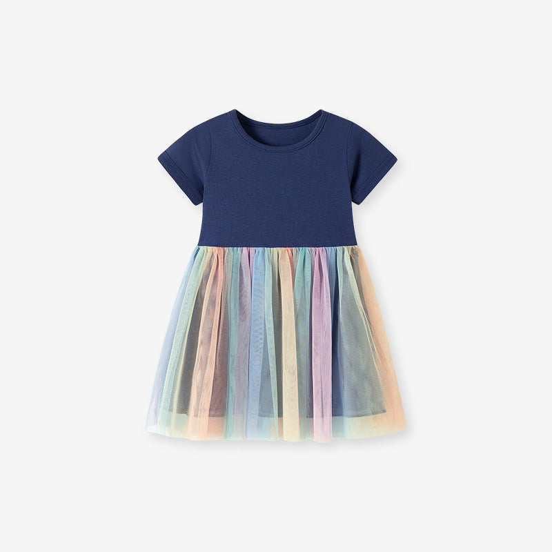 Summer Arrival Color Patchwork Short Sleeves Tulle Dress for Stylish Girls, MyKids-USA®, Baby & Toddler Dresses, MyKids-USA - Size/Age - 90 (12-24M) - Color - Navy Blue (Dark Blue) -  -  - TR2602041417-A.