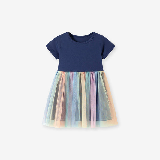 Summer Arrival Color Patchwork Short Sleeves Tulle Dress for Stylish Girls, MyKids-USA®, Baby & Toddler Dresses, MyKids-USA - Size/Age - 90 (12-24M) - Color - Navy Blue (Dark Blue) -  -  - TR2602041417-A.