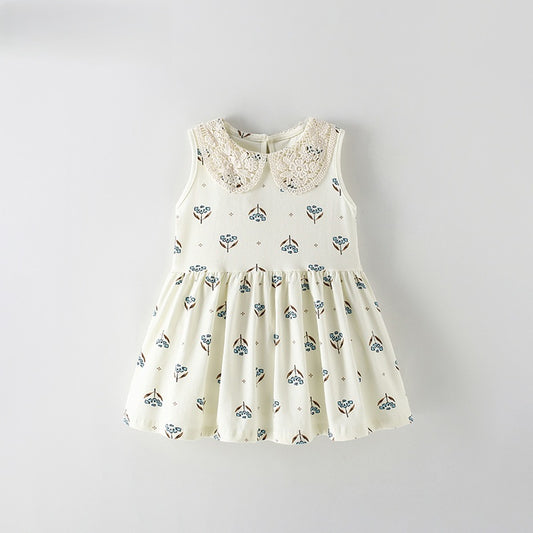 Summer Baby Kids Girls Sleeveless Floral Pattern Hollow-out Collar Dress
