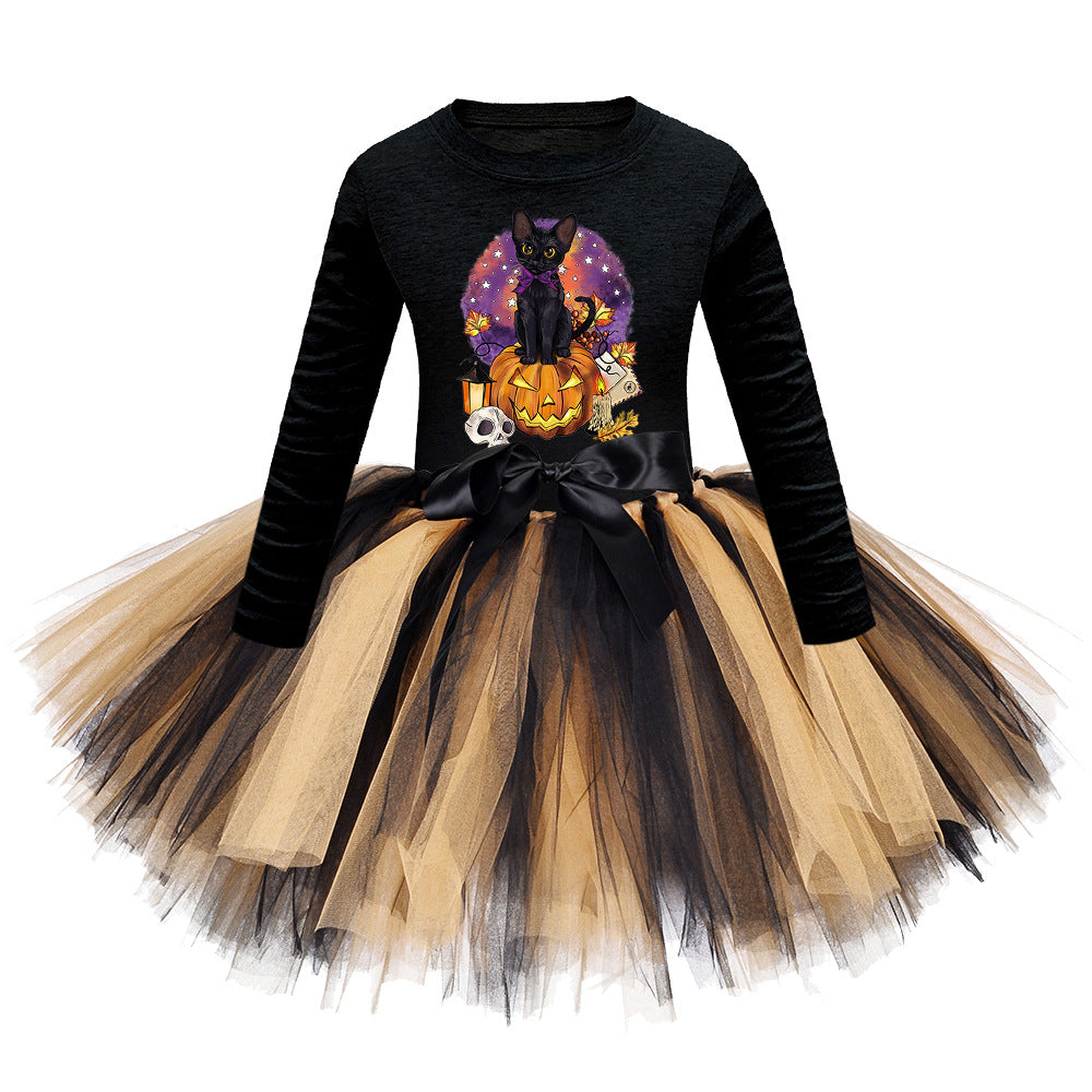 Arrival Girls’ Halloween Costume: Long Sleeves Cartoon Print Witches Cosplay Party Tulle Patchwork Dress, MyKids-USA®, Costume Dresses, MyKids-USA - Size/Age - S (1-3Y) - Color - Beige -  -  - TR2409090955.