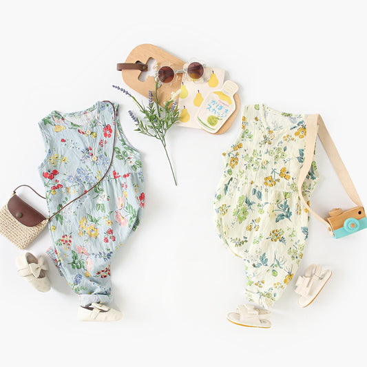 Summer Baby Girls New Design Floral Pattern Sleeveless V Neck Rompers