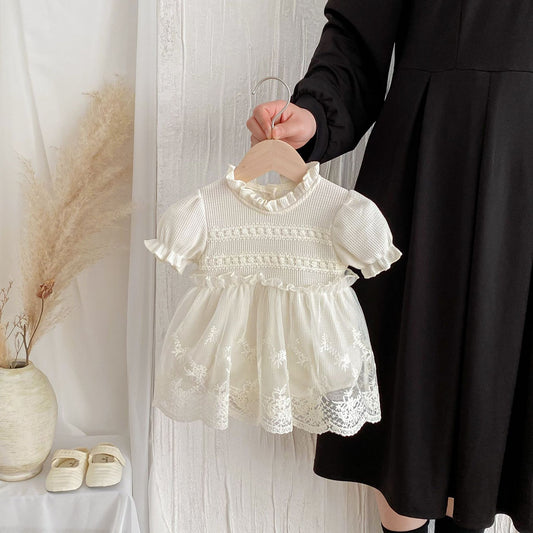 Summer Arrival Baby Girls Short Sleeves Flowers Embroidered Pattern Tulle Bodysuit Dress