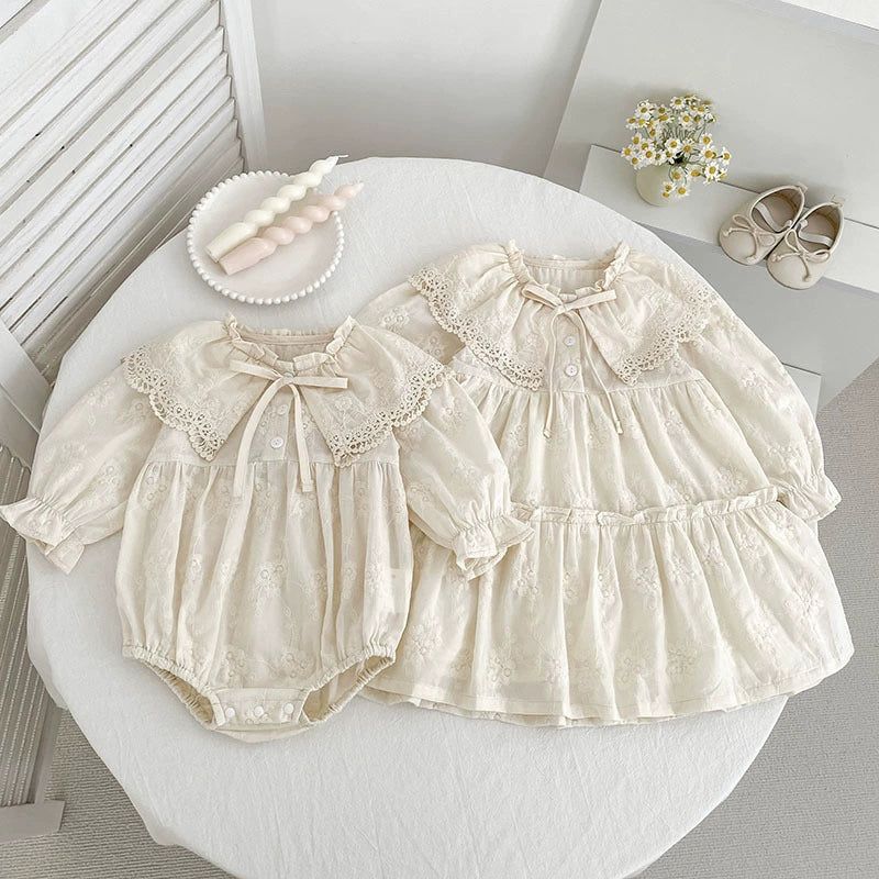 Autumn Baby Girls Flowers Pattern Long-sleeved Onesies and Dress – Princess Sister Matching Set with Collar, MyKids-USA®, Baby & Toddler Dresses, MyKids-USA -  -  -  -  -  -  - 