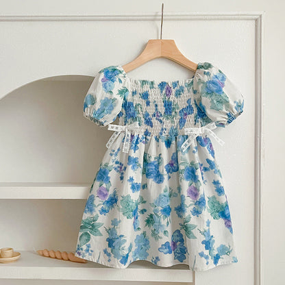 Summer Girls Blue Floral Pattern Square Neck Pleated Onesies And Girls’ Dress – Princess Sister Matching Set
