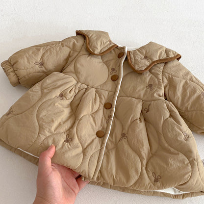 Winter Arrival Baby Girls Long Sleeves Embroidery Pattern Fleece-Lined Warm Coat