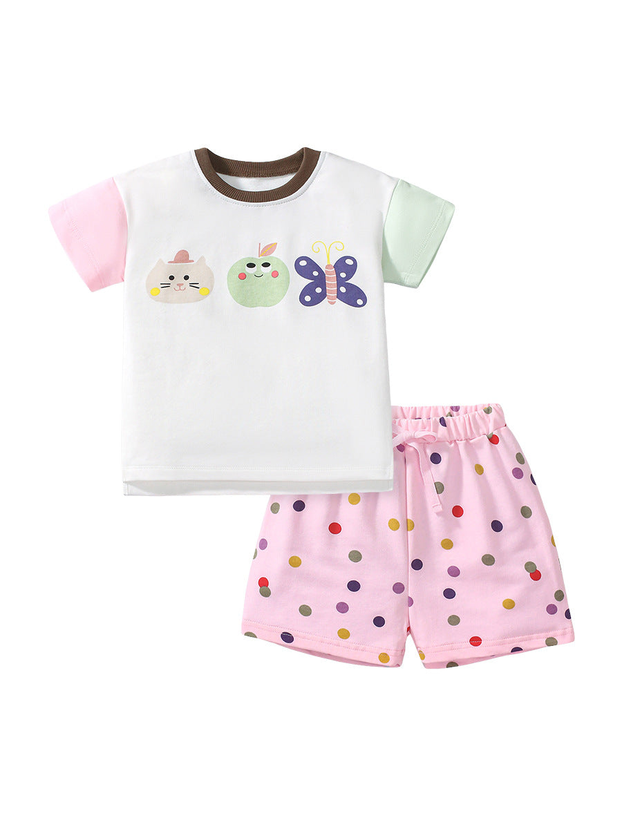 Summer Baby Kids Girls Cartoon Top And Dots Shorts 2-Piece Casual Clothing Set