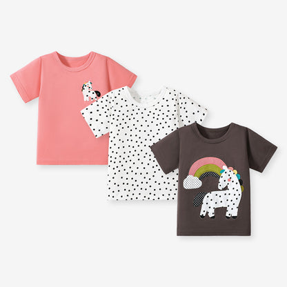 Girls’ Dots Cartoon Pattern Short Sleeves T-shirt in European and American Style for Summer, MyKids-USA®, Baby & Toddler Tops, MyKids-USA - Size/Age - 90 (12-24M) - Color - Pink -  -  - TR2412251126-A