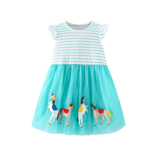 Summer Arrival Cartoon Pattern Fly Sleeves Crew Neck Dress for Stylish Girls, MyKids-USA®, Baby & Toddler Dresses, MyKids-USA - Size/Age - 90 (12-24M) - Color - Green -  -  - TR2604012356-A.