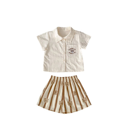 Summer Baby Kids Boys Embroidery Pattern Pockets Turn-Down Collar Shirt And Striped Shorts Clothing Set