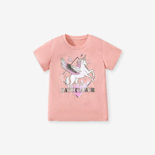 Girls’ Unicorn Print T-Shirt In European And American Style For Summer