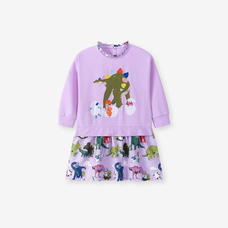 Autumn and Spring Arrival Cartoon Dinosaurs Pattern Long Sleeves Dress for Stylish Girls, MyKids-USA®, Baby & Toddler Dresses, MyKids-USA - Size/Age - 90 (12-24M) - Color - Purple -  -  - TR2507222155-A