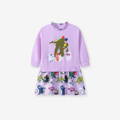 Autumn and Spring Arrival Cartoon Dinosaurs Pattern Long Sleeves Dress for Stylish Girls, MyKids-USA®, Baby & Toddler Dresses, MyKids-USA - Size/Age - 90 (12-24M) - Color - Purple -  -  - TR2507222155-A