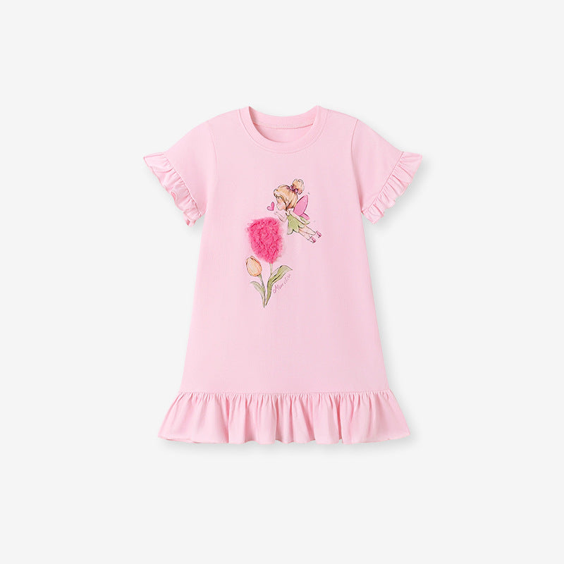 Summer Arrival Flowers and Cartoon Pattern Short Sleeves Dress for Stylish Girls, MyKids-USA®, Baby & Toddler Dresses, MyKids-USA - Size/Age - 90 (12-24M) - Color - Pink -  -  - TR2601081638-A.