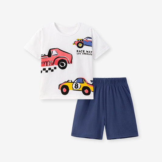Summer Hot Selling Baby Kids Boys Short Sleeves Racing Cars Cartoon Pattern T-shirt and Plain Shorts Clothing Set, MyKids-USA®, Baby & Toddler Outfits, MyKids-USA - Size/Age - 90 (12-24M) - Color - Blue -  -  - TR2601011343-A.