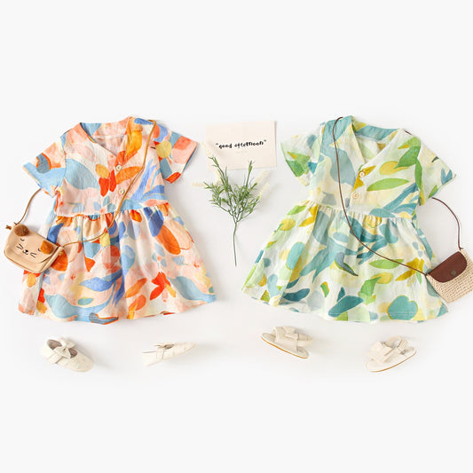 Summer New Arrival Baby Girls Casual Leaves Print Short Sleeves V Neck Dress