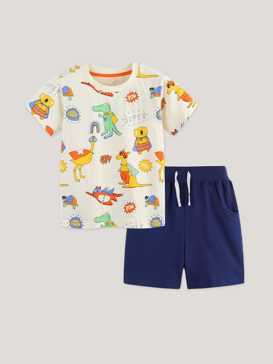 Arrival Summer Baby Kids Boys Short Sleeves Animals Pattern T-shirt and Plain Shorts Clothing Set