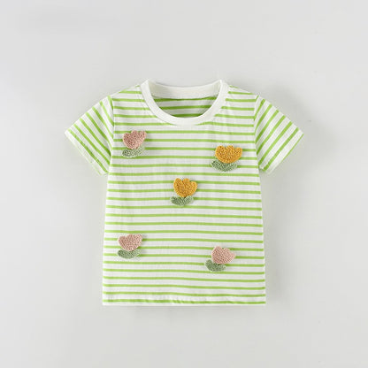 Summer Girls’ Flowers Pattern Striped T-shirt in European and American Style, MyKids-USA®, T-Shirts, MyKids-USA - Size/Age - 100 (2-3Y) - Color - Green -  -  - TR2605242346-A.