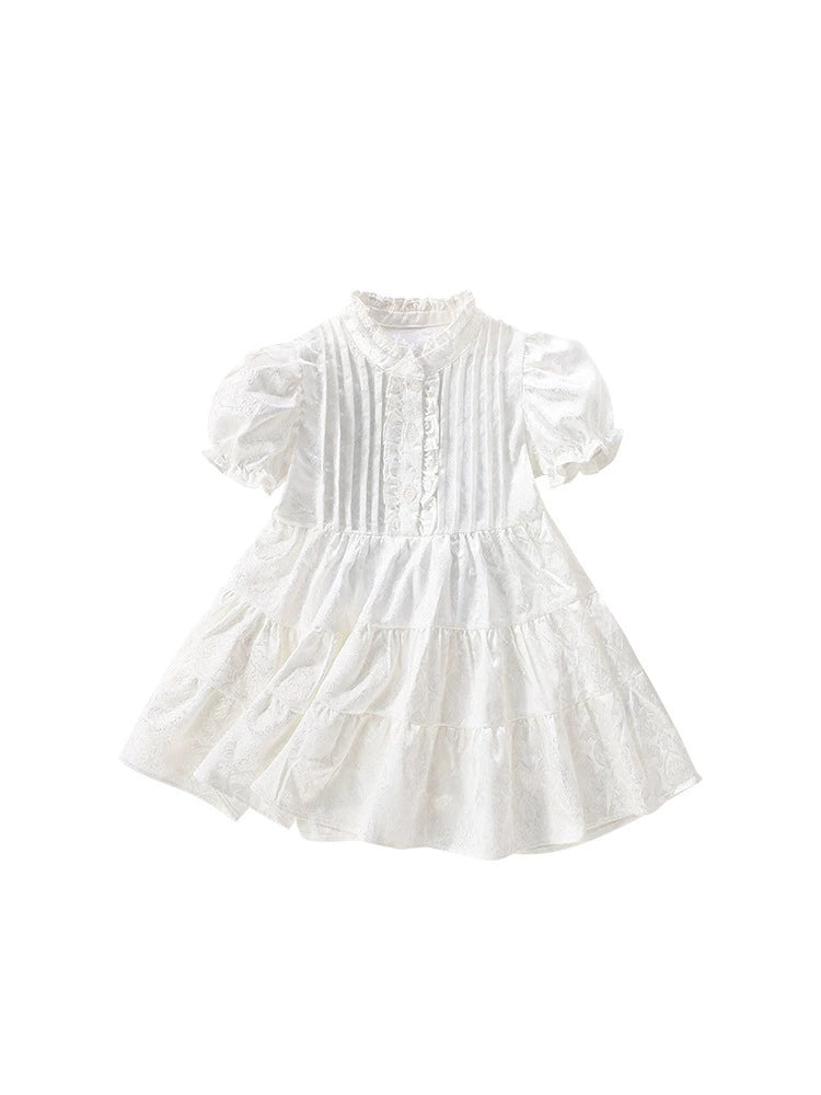 Summer Arrival Solid Color Flowers Pattern Short Sleeves Dress with Ruffle Neck for Stylish Girls, MyKids-USA®, Baby & Toddler Dresses, MyKids-USA -  -  -  -  -  -  - 