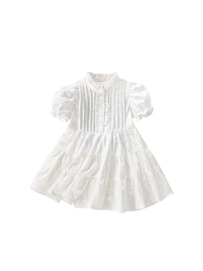 Summer Arrival Solid Color Flowers Pattern Short Sleeves Dress with Ruffle Neck for Stylish Girls, MyKids-USA®, Baby & Toddler Dresses, MyKids-USA -  -  -  -  -  -  - 