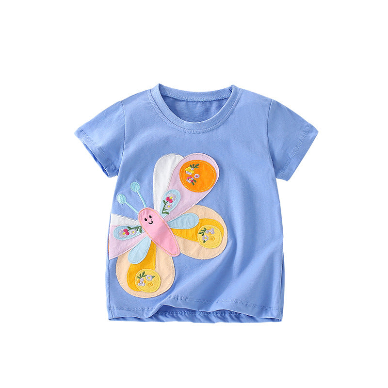 Summer Girls’ Butterfly Pattern Decorated T-shirt in European and American Style, MyKids-USA®, Baby & Toddler Tops, MyKids-USA - Size/Age - 100 (2-3Y) - Color - Blue -  -  - TR2505241643-A