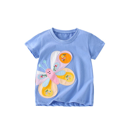 Summer Girls’ Butterfly Pattern Decorated T-shirt in European and American Style, MyKids-USA®, Baby & Toddler Tops, MyKids-USA - Size/Age - 100 (2-3Y) - Color - Blue -  -  - TR2505241643-A