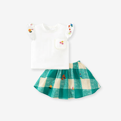 Girls Floral Collection Ruffle Short Sleeves Design Top T-Shirt And Plaid Skirt Set