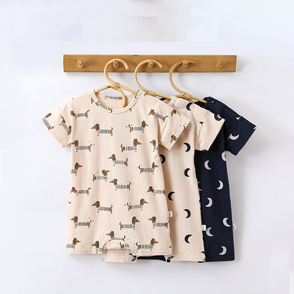 Summer Baby Boys And Girls Moons/Dogs Print Short Sleeves Crew Neck Onesies