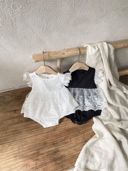Summer Arrival Baby Girls Fly Sleeves Flowers Pattern Tulle Patchwork Bodysuit Dress