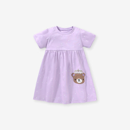 Summer Baby Kids Girls Short Sleeves Purple Dress With White Dots