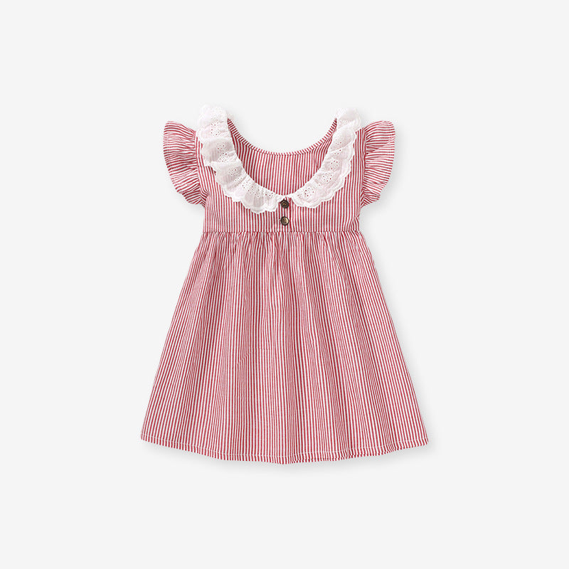 Spring And Summer Baby Girls Ruffle Collar Short Sleeves Striped Dress