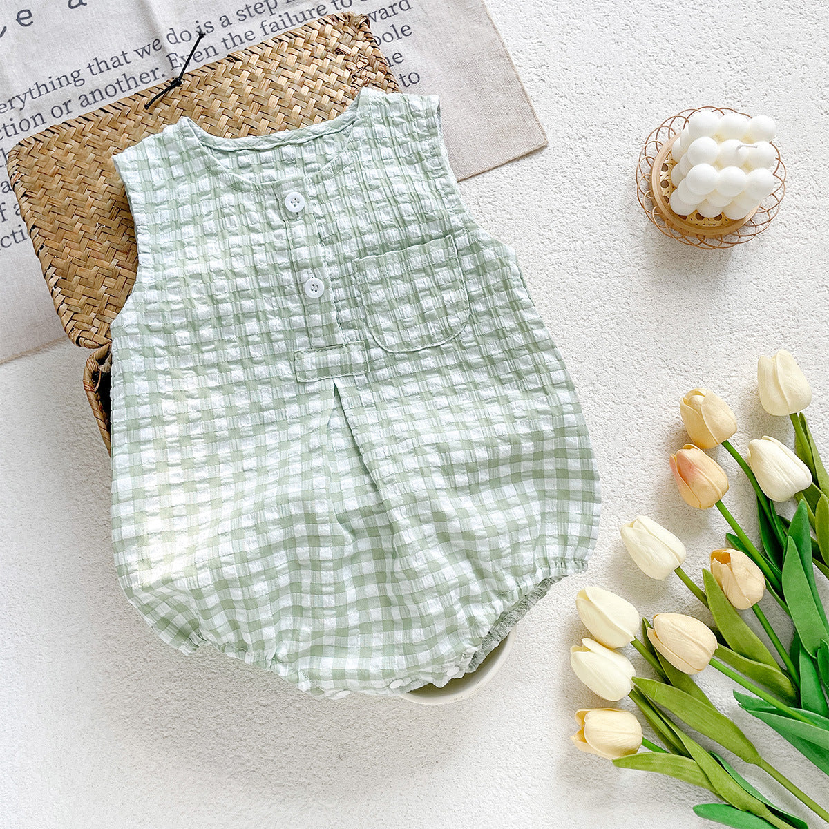 Summer Arrival Baby Boys and Girls Sleeveless Plaid Pattern Bodysuit, MyKids-USA®, Bodysuits, MyKids-USA - Size/Age - 66 (3-6M) - Color - Green -  -  - TR2603171445-B.