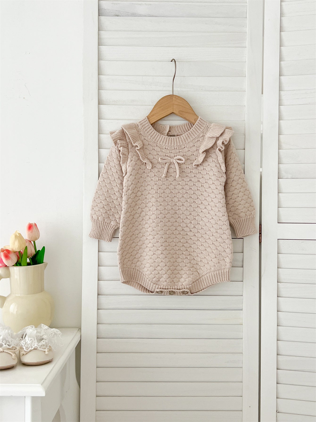Autumn Arrival Baby Girls Long Sleeves Geomatric Design Solid Color Crew Neck Knitted Onesies, MyKids-USA®, Baby One-Pieces, MyKids-USA - Size/Age - 66 (3-6M) - Color - Apricot -  -  - TR2409061054-A