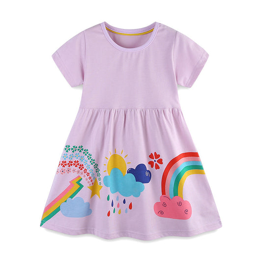 Summer Pure Cotton Colorful Rainbow Pattern Short Sleeves Purple Dress for Stylish Girls, MyKids-USA®, Baby & Toddler Dresses, MyKids-USA - Size/Age - 90 (12-24M) - Color - Purple -  -  - TR2506161646-A