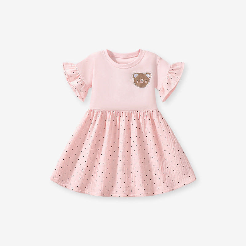 Summer Teddy Logo Short-sleeved Pink Dress with Dots Pattern for Stylish Girls, MyKids-USA®, Baby & Toddler Dresses, MyKids-USA - Size/Age - 90 (12-24M) - Color - Pink -  -  - TR2501032217-A