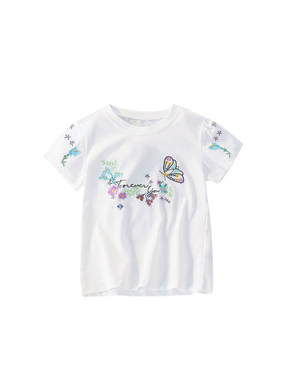Summer Girls’ Butterfly and Flowers Pattern Decorated T-shirt in European and American Style, MyKids-USA®, Baby & Toddler Tops, MyKids-USA -  -  -  -  -  -  - 