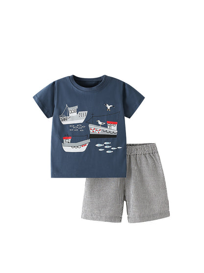 Summer Baby Kids Casual Ships Cartoon Pattern T-shirt and Striped Shorts Clothing Set for Boys, MyKids-USA®, Baby & Toddler Outfits, MyKids-USA -  -  -  -  -  -  - 