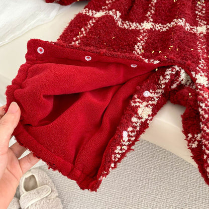 Winter Arrival Baby Girls Long Sleeves Plaid Pattern Fleece-Lined Warm Rompers, MyKids-USA®, Baby One-Pieces, MyKids-USA -  -  -  -  -  -  - 