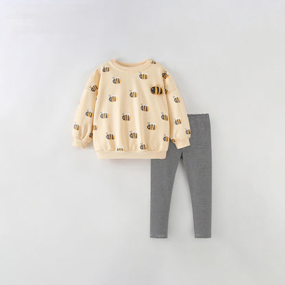 MyKids-USA® Winter Autumn Baby Kids Girls Bee Cartoon Pattern Long Sleeves Sweatshirt and Striped Pants Clothing Set
