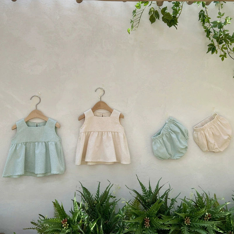 Summer Hot Selling Baby Kids Girls Sleeveless Square Neck Plaid Vest and Shorts Clothing Set, MyKids-USA®, Baby & Toddler Outfits, MyKids-USA -  -  -  -  -  -  - 