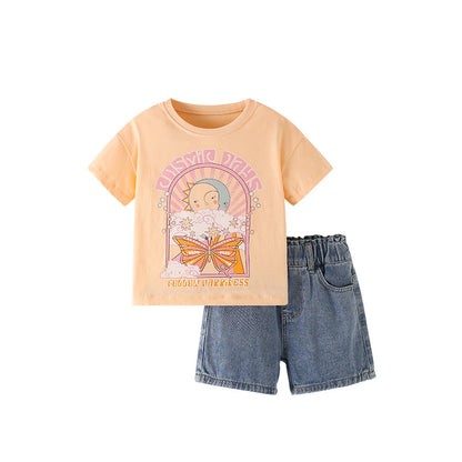 Summer Baby Kids Cartoon Pattern T-shirt and Denim Shorts Clothing Set for Girls, MyKids-USA®, Baby & Toddler Outfits, MyKids-USA - Size/Age - 100 (2-3Y) - Color - Light Pink -  -  - TR2506141813-A