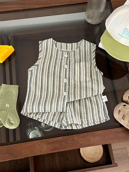 Summer Baby Kids Boys Striped Pattern Sleeveless Vest And Shorts Casual Clothing Set